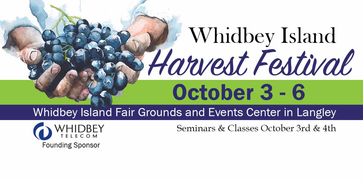 Poster for the Whidbey Island Harvest Festival shows two hands holding a bunch of grapes.
