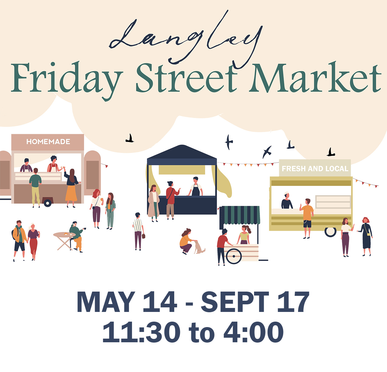Flyer or invitation template for summer street food festival with people walking among vans or stalls, buying homemade meals, eating and drinking. Vector illustration for outdoor event advertisement. Street Market